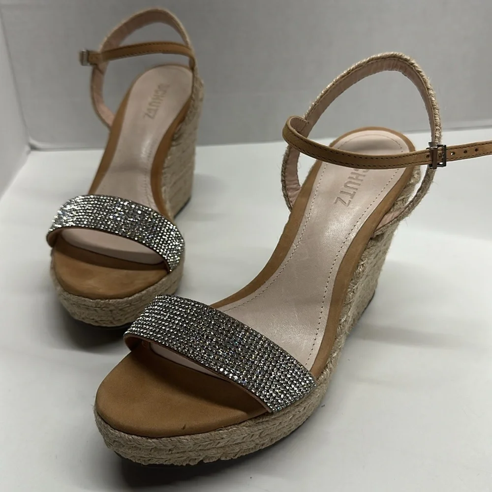 Schutz Salita Wedges High Heel Shoes Espadrilles Rhinestones Ankle Strap 8.5